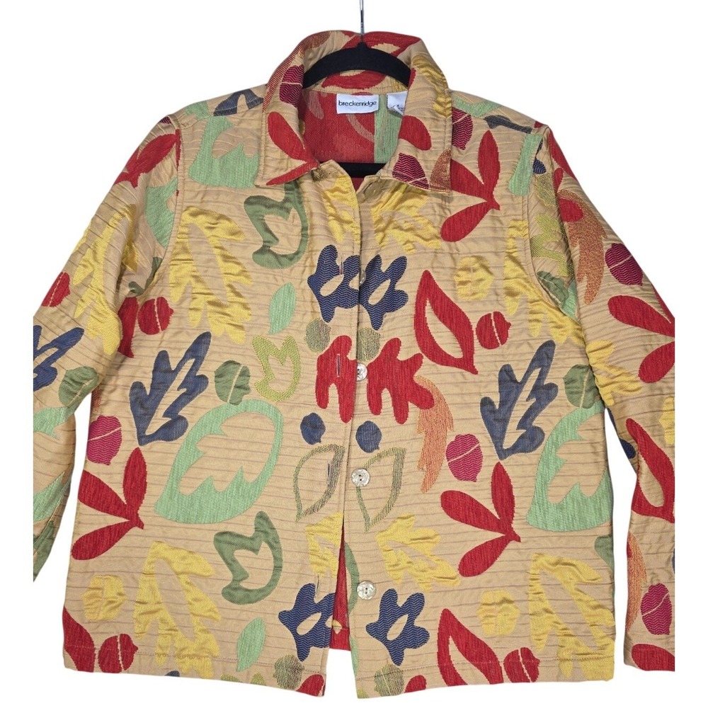 Medium Cotton Blend Breckenridge Women Jacket Mustard Red Leaf Print Art To Wear